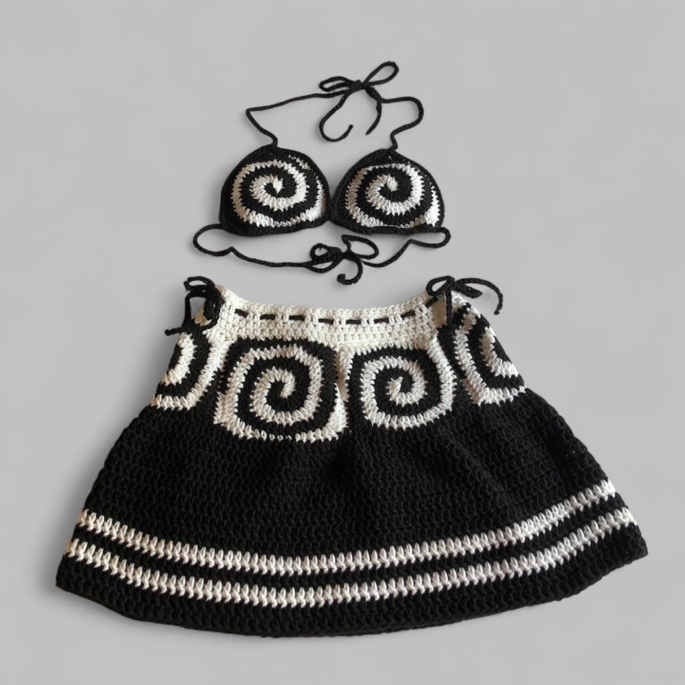 crochet black and white spiral 2 piece matching bikini top and skirt HANDMADE
